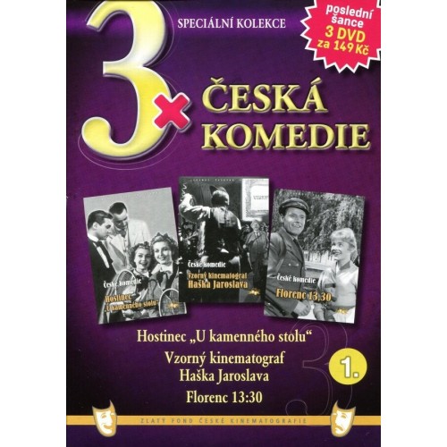 3x Česká komedie 1: Hostinec U kamenného stolu, Vzorný kinematograf Haška Jarosl., Florenc 13.30 / papírové pošetky / - DVD