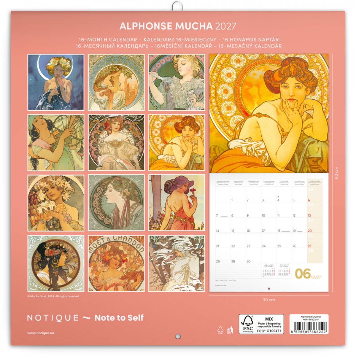 Poznámkový kalendář Alfons Mucha 2027, 30 x 30 cm